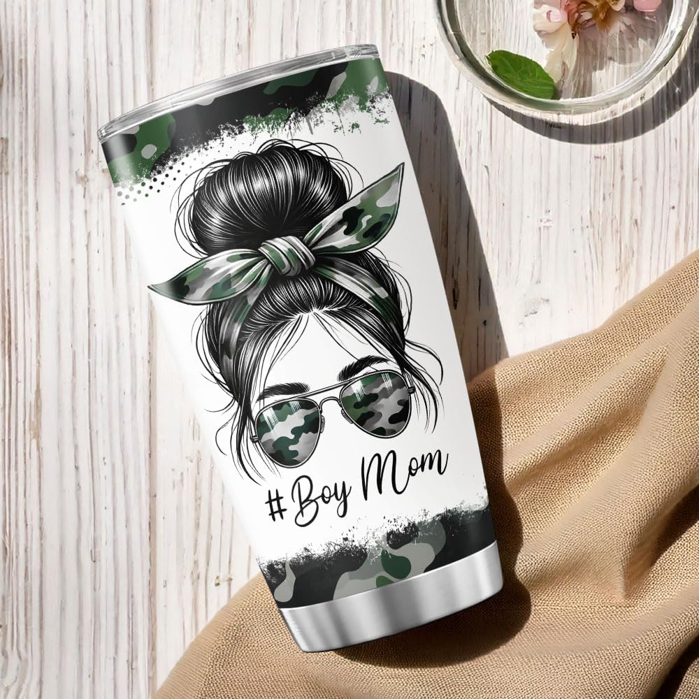 Boy Mom Camouflage Gift 20oz Insulated Stainless Steel Tumbler, Funny Camo Travel Cup for Mothers from Son, From Son Up to Son Down Quote, Vacuum Mug for Coffee, Water, or Outdoor