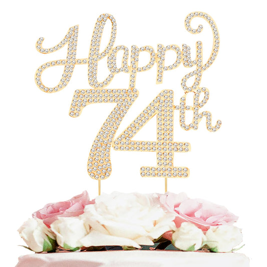 Happy 74th Birthday Decorations,74th Birthday Gold Rhinestone Cake Topper - Cheers to 74 Years Old Bday Party Metal Sparkly Cake Centerpieces Sign.