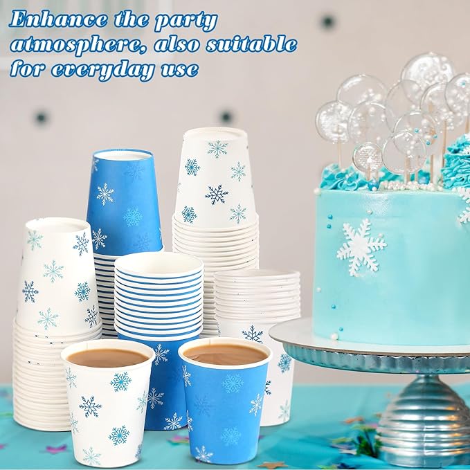Funtery 100 Pieces Christmas Paper Cups Xmas Disposable Coffee Snowflake Santa Snowman Elk Lights Cups 9 Ounce Drinking Tea Paper for Daily Use Holiday (Snowflake Style)