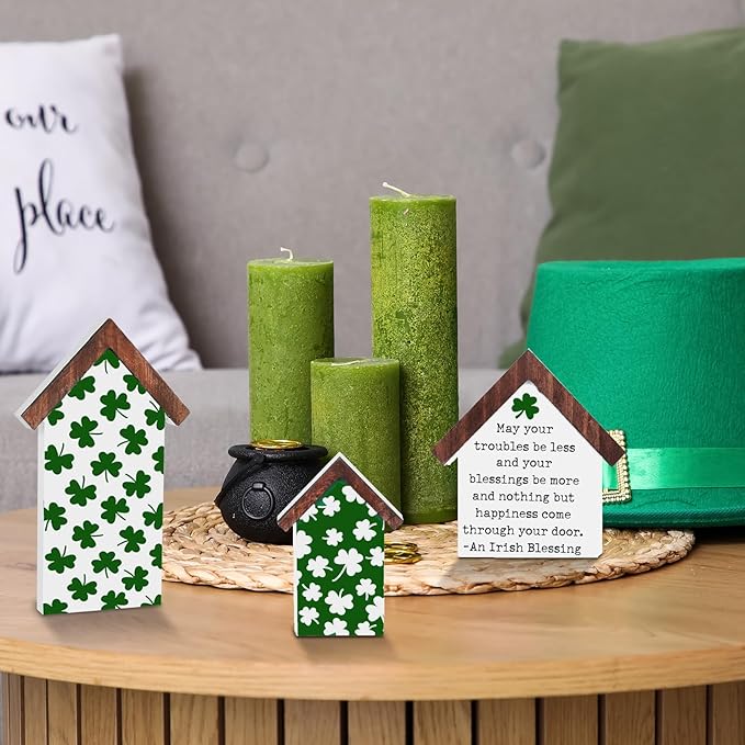 3 Pcs St. Patrick's Day Wood Tiered Tray Decorations Irish Wooden Table House Shape Block Sign Decor Rustic Shamrock Lucky Table Centerpiece for Home Table Centerpiece Farmhouse Shelf Mantel
