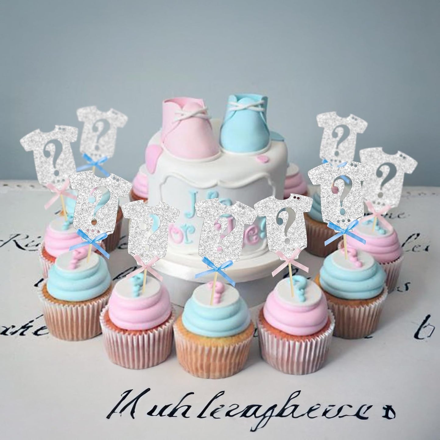 Ephlyn 24Pcs Gender Reveal Cupcake Toppers Glitter Pink Blue Bow Onesie Question Mark Boy or Girl Cake Topper Decorations for Baby Shower Theme Gender Reveal Kids Birthday Party Supplies Silver