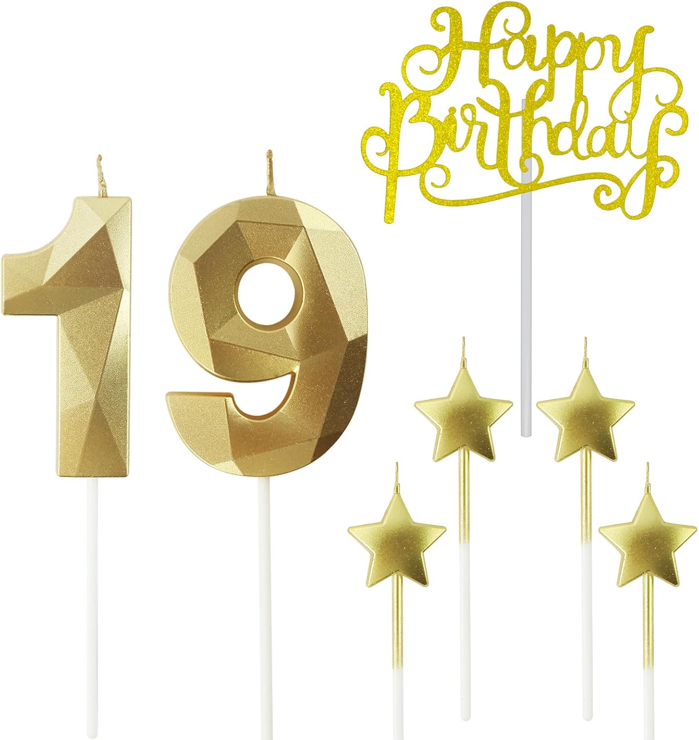 Golden Number 19 Birthday Candles and Star Birthday Candles 2.76 inch Birthday Cake Candles 3D Diamond Shaped Candles are Suitable for Birthday Parties and Anniversary Cake Decorations Candles