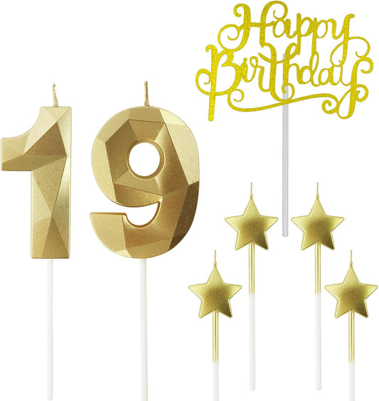 Golden Number 19 Birthday Candles and Star Birthday Candles 2.76 inch Birthday Cake Candles 3D Diamond Shaped Candles are Suitable for Birthday Parties and Anniversary Cake Decorations Candles