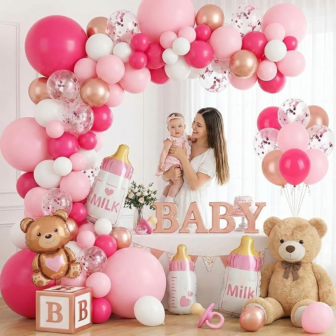 LovesTown Rose Pink Balloon Garland Kit, 150PCS Arch Kit Confetti Pink Metallic Latex Balloons for Wedding Engagement Birthday Party Decorations