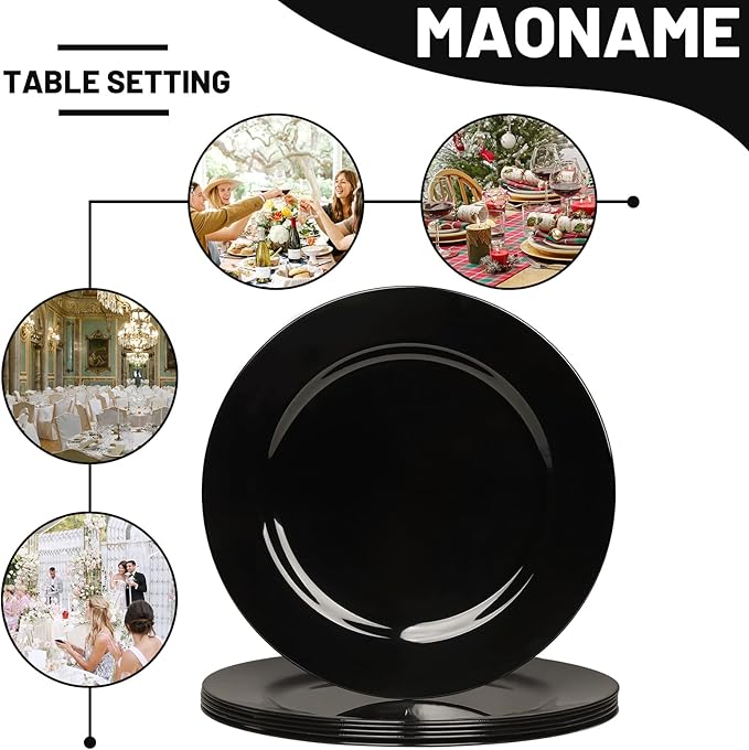 MAONAME Black Charger Plates Set of 6, 13-Inch Round Plate Chargers for Dinner Plate, Plastic Table Chargers for Wedding Decor, Party