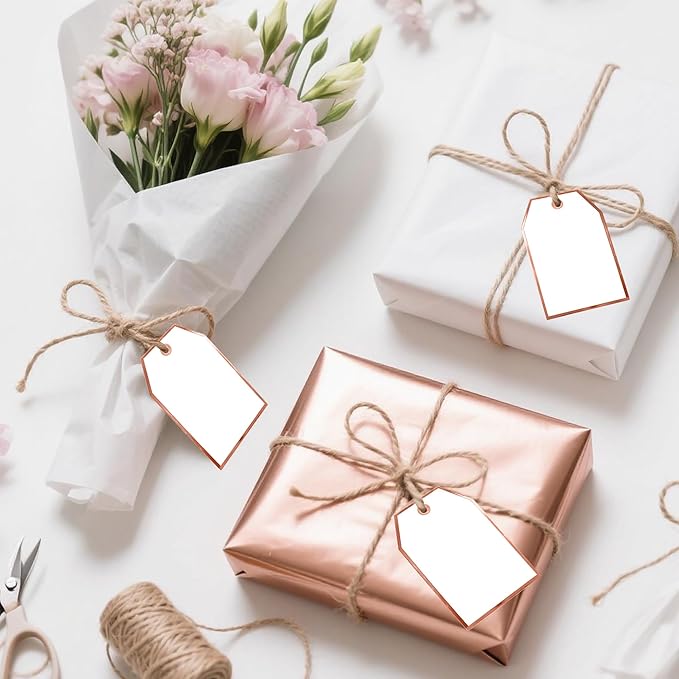 ASYEHJNR 100Pcs Blank Gift Tags with String Attached Foil Rose Gold Frame Large White Paper Gift Tags Presents with 65 Ft Jute Twine for Birthday Wedding Baby Shower Graduation Gift Wrap Tag