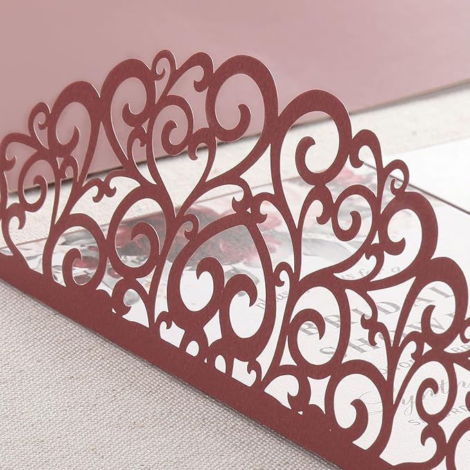 50PCS Burgundy Wedding Invitation Bridal Shower Invitations with Envelopes RSVP- Laser Cut, Personalized Paper Cards for Birthday Party Quince Anniversary