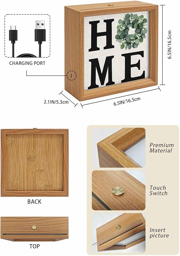 Wood Night Light Box 6.5x6.5in,Home Green Eucalyptus Leaves Garland Table Lights Wooden Picture Frame with USB Rechargeable Touch LED Lights for Home Decor Desktop Display,Retro Linen