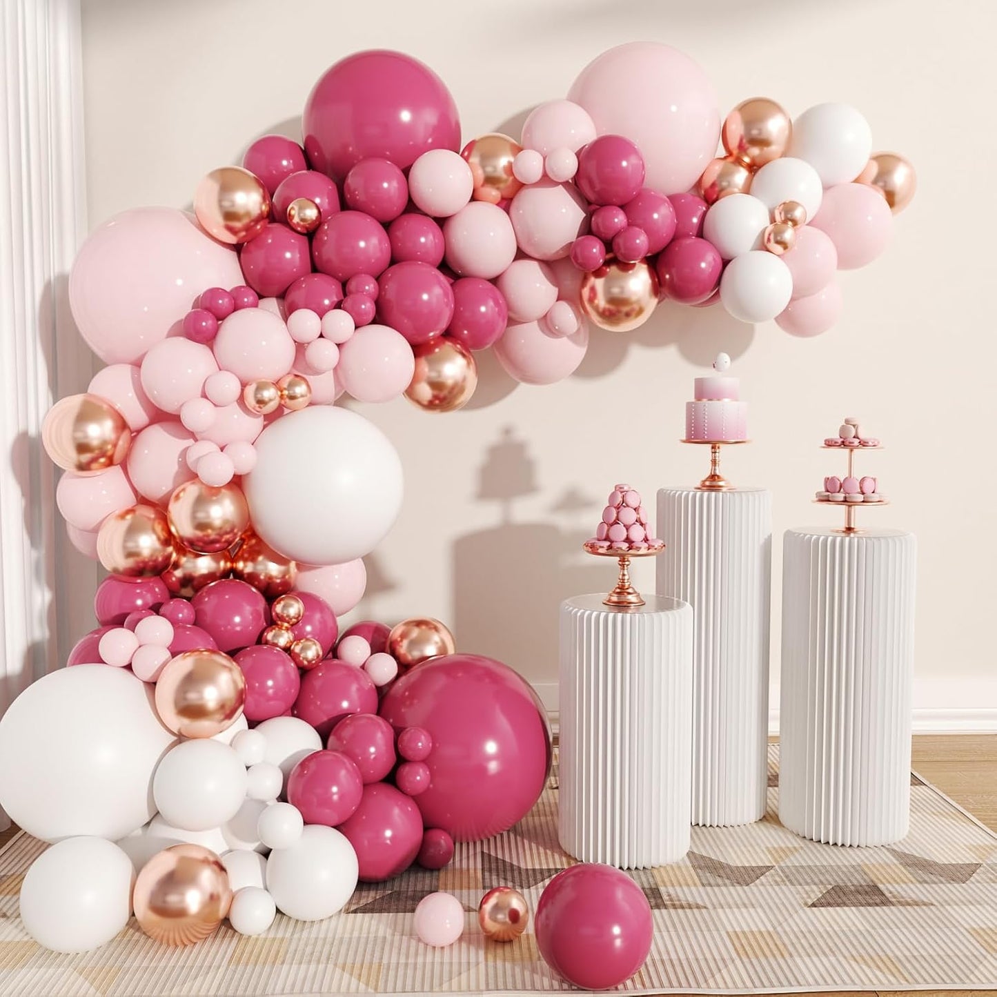 62Pcs12Inch Pink White Metallic Champagne Gold Balloons Arch Kit, Pink and RoseGold Confetti Party Balloons with Ribbons for Birthday, Wedding, Baby Shower, Graduation Decorations