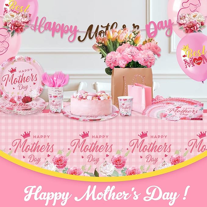 191Pcs Mother's Day Party Decorations Happy Mothers Day Party Supplies Tableware Set Include Paper Plates Napkins Cup Tablecloth Banner Best Mom Balloons Dinnerware for Mother’s Day Serves 24 Guests