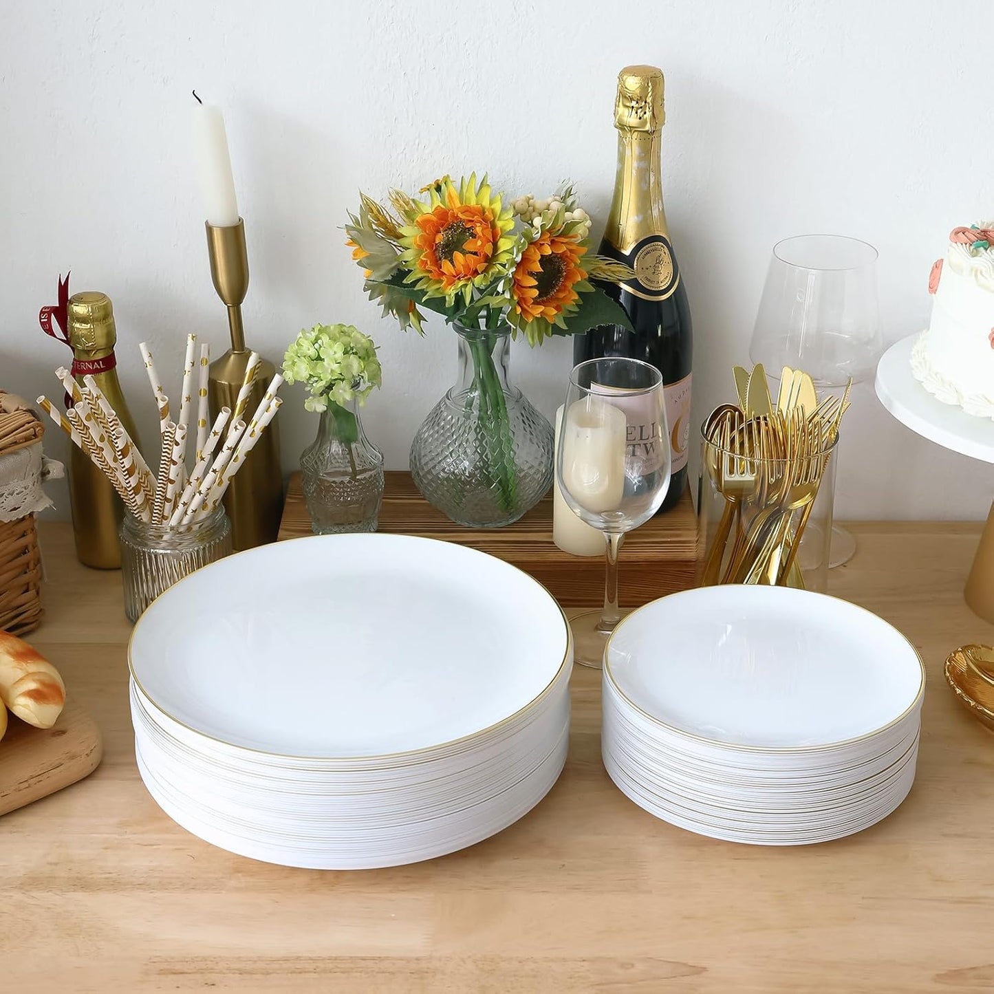 Moretoes 100PCS White Gold Plastic Plates Disposable,Party Plates White with Gold Rim, 10.25inch Dinner Plates and 7.5inch Dessert Salad Plates Heavy Duty Plates for Wedding Party and Birthday