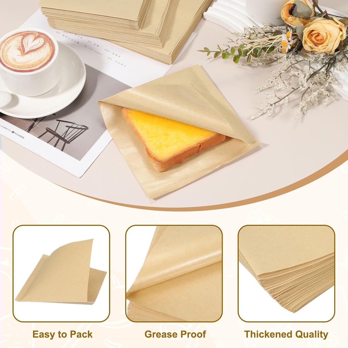 uxcell 200pcs Pastry Bags, 5.9 x 5.9 Inch Greaseproof Double Open Paper Wrappers Sandwich Bags for Donut Sandwich Pretzel Snacks Cookies, Kraft Paper