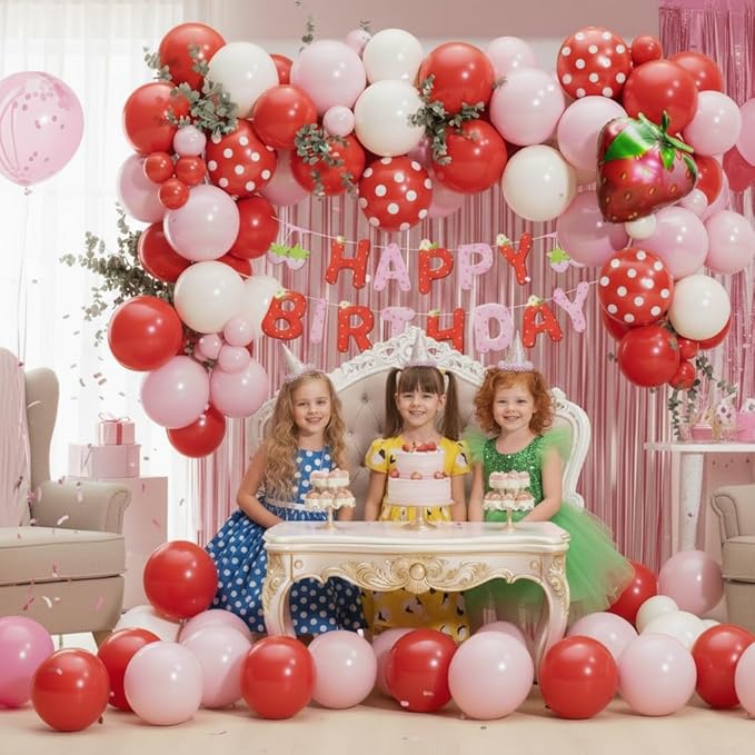 Strawberry Birthday Party Decorations 101pcs, Red Pink Red white Strawberry Balloons with Pink Fringe Curtain Happy Birthday Banner for Sweet Girl Berry First Birthday Baby Shower Party Decor