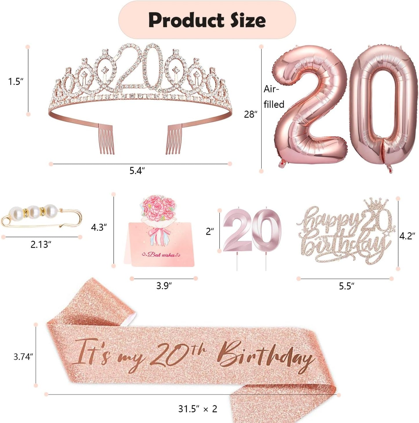20th Birthday Decorations for Women, Birthday Sash and Crown, Cake Topper and Candles,Number Balloons, 20th Birthday Gifts for Women, 10pcs