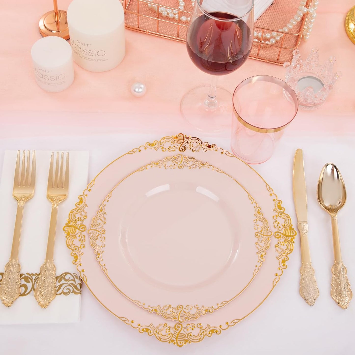 Morejoy 175pcs Pink Plastic Plates - Pink and Gold Disposable Plates, 10.25 inch Plastic Dinner Plates, Perfect for Wedding & Party & Holiday