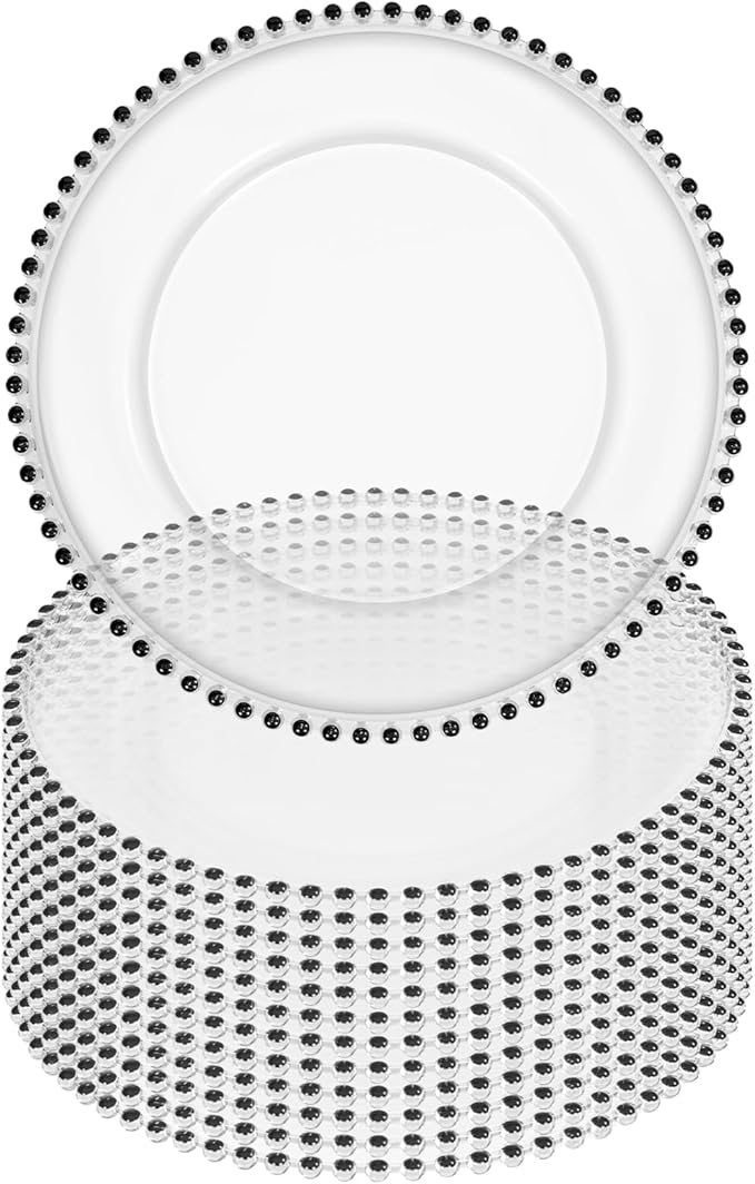 12 Pack Clear Charger Plates Bulk Wedding, 13 Inch Plastic Round Dinner Chargers with Black Beaded Rim, Acrylic Round Decorative Plates for Wedding Party Home and Tabletop Decor (Black)