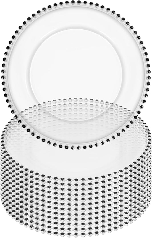 12 Pack Clear Charger Plates Bulk Wedding, 13 Inch Plastic Round Dinner Chargers with Black Beaded Rim, Acrylic Round Decorative Plates for Wedding Party Home and Tabletop Decor (Black)