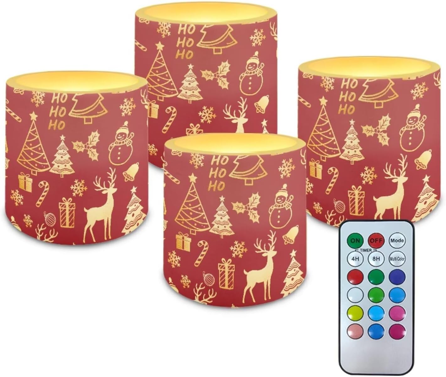 Poceacles 4 PCS Christmas Flameless LED Candles with Remote Timer Fake Flickering Flame LED Candle Night Lights for Bedroom Home Living Room Decor, Snowman Reindeer Ho Print Gold Red