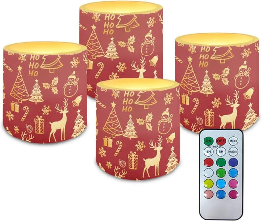 Poceacles 4 PCS Christmas Flameless LED Candles with Remote Timer Fake Flickering Flame LED Candle Night Lights for Bedroom Home Living Room Decor, Snowman Reindeer Ho Print Gold Red