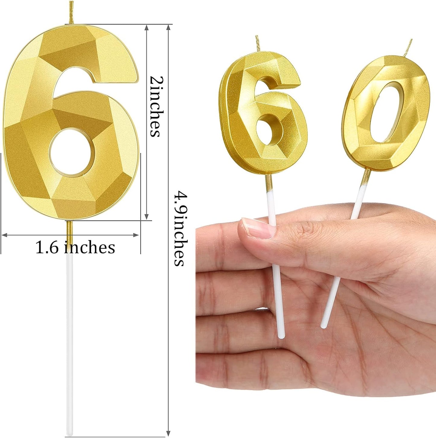 Nuanchu 60th Birthday Candles Cakes Number Candle Cake Topper Decoration 3D Diamond Shape Cake Candles for Birthday Wedding Anniversary Celebration Party Supplies(Gold)