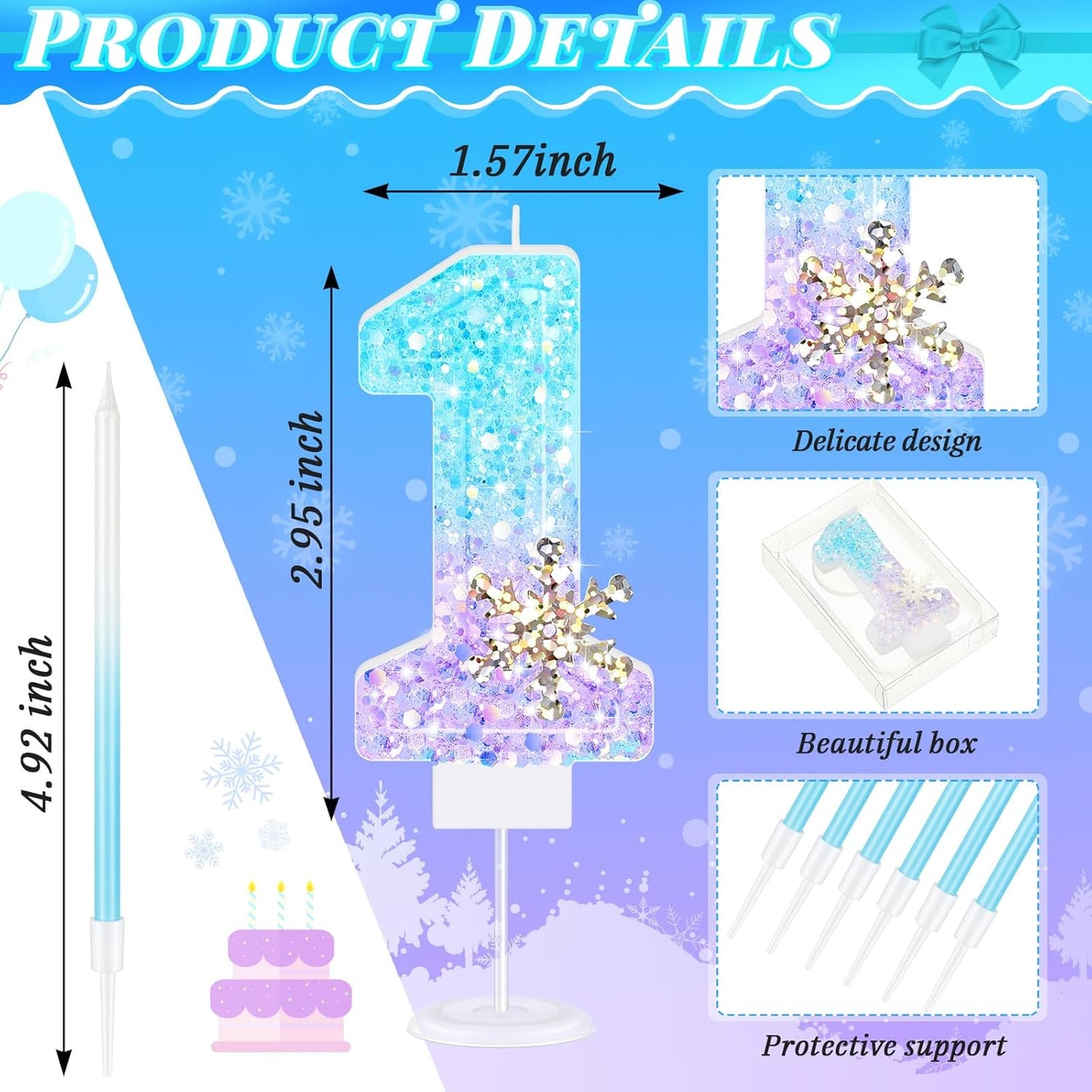 MTLEE Number 1 Birthday Candle Blue Snowflake with 6 Long Thin Cupcake Candles Blue Sparklers Glitter Number Happy Birthday Cake Topper Decorations for Winter Party Supplies