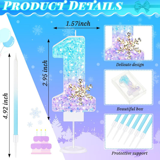MTLEE Number 1 Birthday Candle Blue Snowflake with 6 Long Thin Cupcake Candles Blue Sparklers Glitter Number Happy Birthday Cake Topper Decorations for Winter Party Supplies