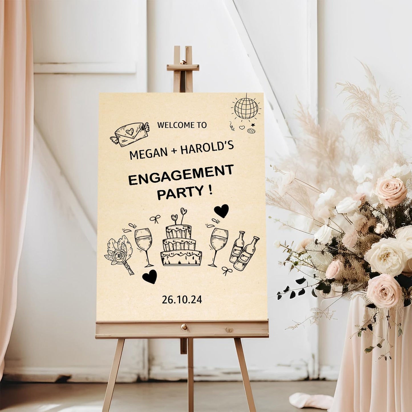 Welcome Sign - Hand Drawn Scribble Illustration 'We're Engaged' Printable Signage for Engagement Party