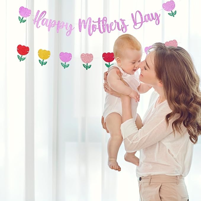 Happy Mother's Day Banner Set Decoration for Mother's Day Party Decorations Backdrop Garland for Mom Mother's Day Glitter Garland Photo Props (Pink Tulip)