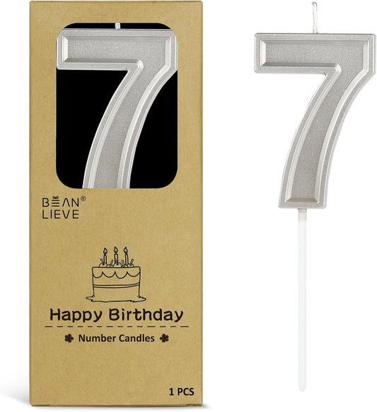 BEAN LIEVE Silver Birthday Candles Number 7, Silver Number Candles, Cake Number Candles for Birthday Parties and Wedding Anniversary Celebrations