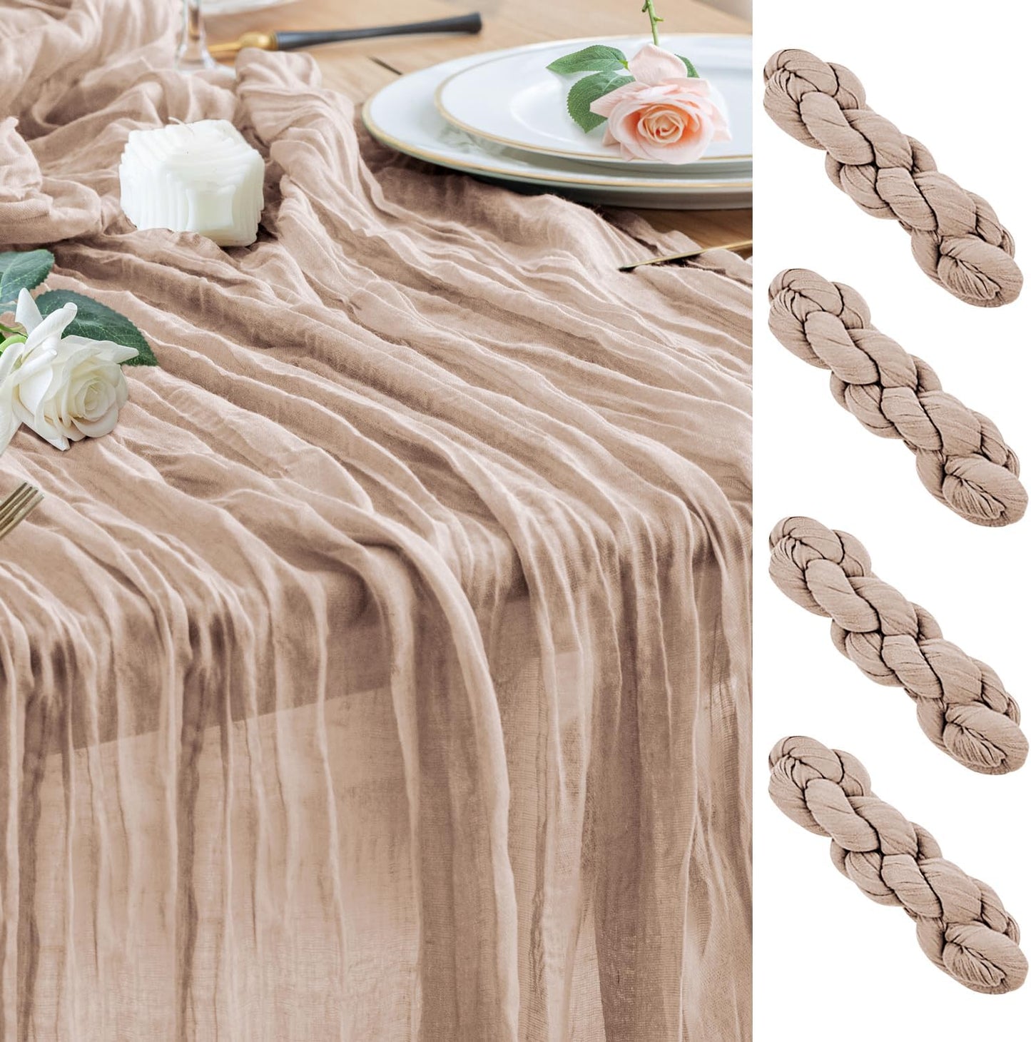 Wokceer Cheesecloth Table Runner 4Pack 10FT Nude Pink Boho Gauze Cheese Cloth Table Runner for Party Long Rustic Sheer Table Runners for Baby Bridal Shower Wedding Easter Table Decor