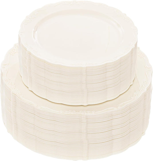 U-QE 100 Pieces Ivory Thanksgiving Plastic Plates for Party - Ivory Disposable Plastic Plates - Heavy Duty Disposable Platos Including 50 Dinner 10 '' & 50 Dessert 7.5 '' for Thanksgiving
