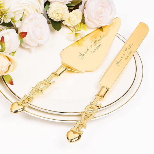 Wedding Cake Knife and Server Set, Personalized Gold Cake Cutting Set for Wedding, Engraved Classic Cake Knives Cutter Set, Pie Server, Birthday Bridal Quinceañera Gift (CUS-Love)