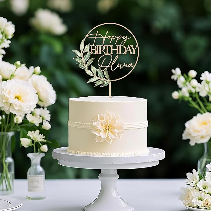 Birthday Cake Topper Custom Name with Green Leaves Wooden Personalized Happy Birthday Cake Decoration Party Topper Design 03