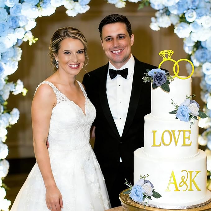 4Pcs Wedding Cake Topper Diamond Ring Cake Topper with 26 Letter Personalize Bride and Groom Initial Sign Cake Decor for Bridal Shower Party