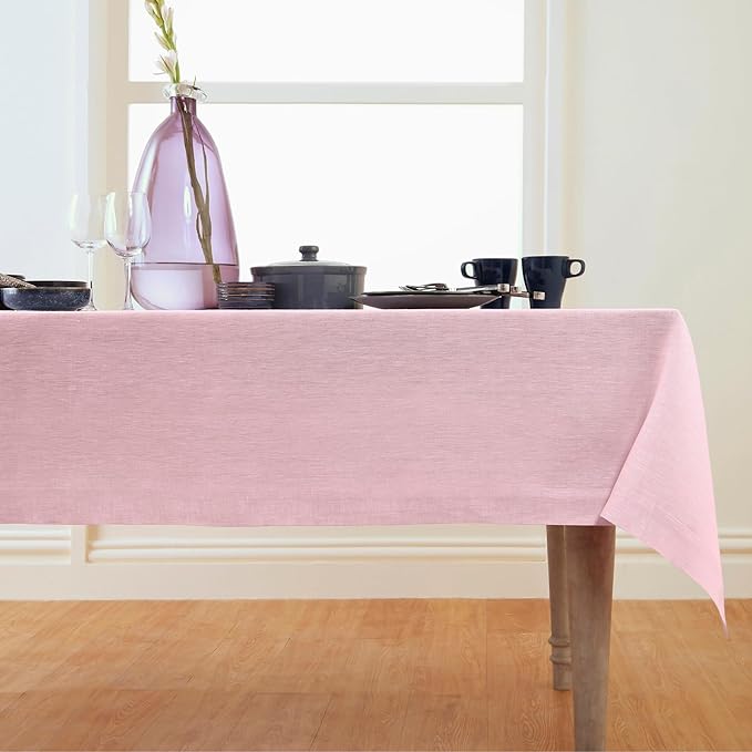 Solino Home Linen Tablecloth 60 x 108 Inch - 100% Pure Linen Bubblegum Pink Table Cloth for Rectangle Tables - Athena, Machine Washable Tablecloth for Valentines, Spring, Easter