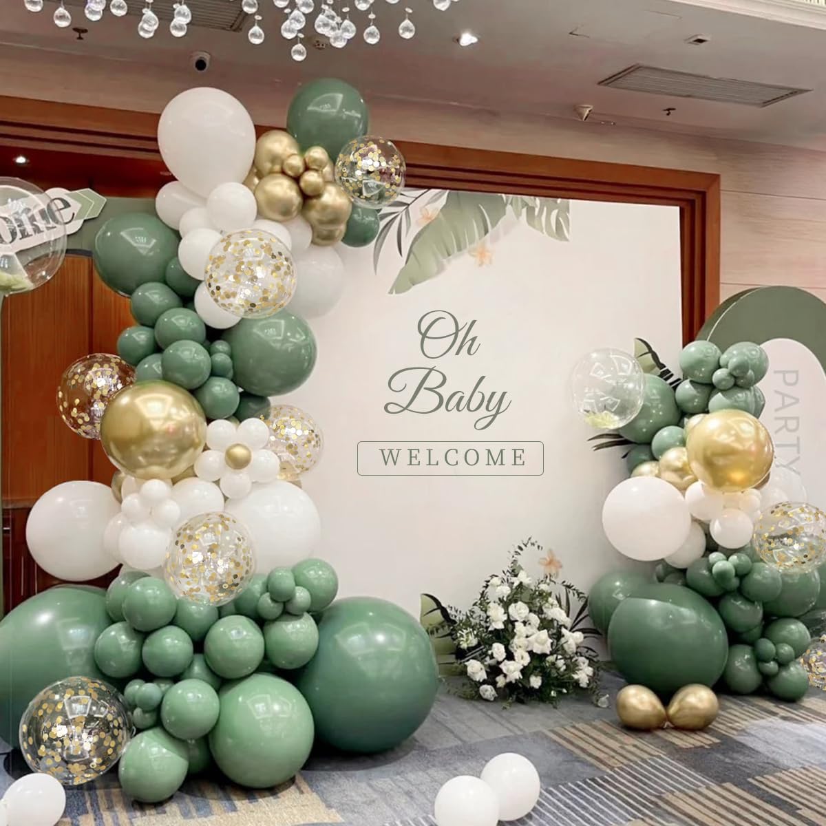 Sage Green Balloon Arch Kit, 166Pcs Olive Green White Gold Balloons Garland for Baby Shower Birthday Wedding Jungle Safari Party Decoration