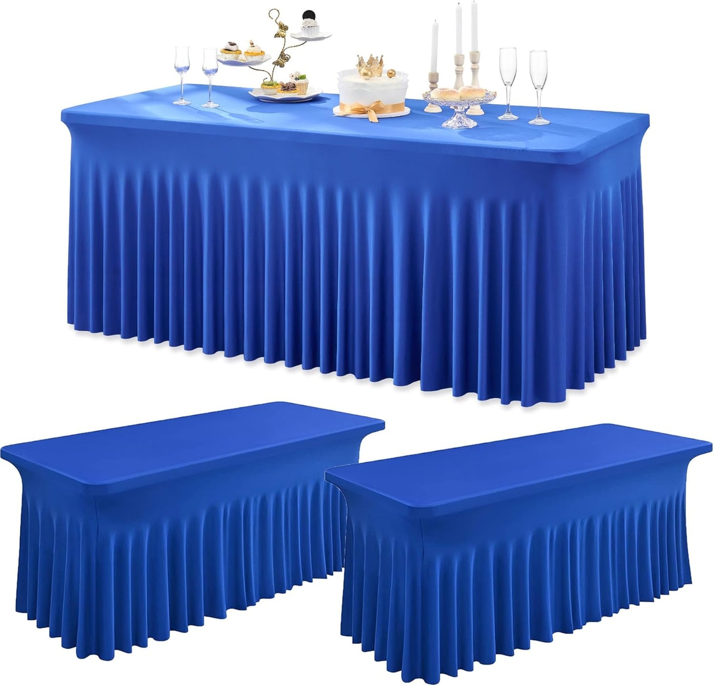 3 Packs Royal Blue Spandex Tablecloths for 6 Foot Rectangle Tables, Stretchy Fitted 6FT Royal Blue Table Skirt for Wedding Party, Wrinkle Free Tablecloths for Banquet Wedding Birthday Party