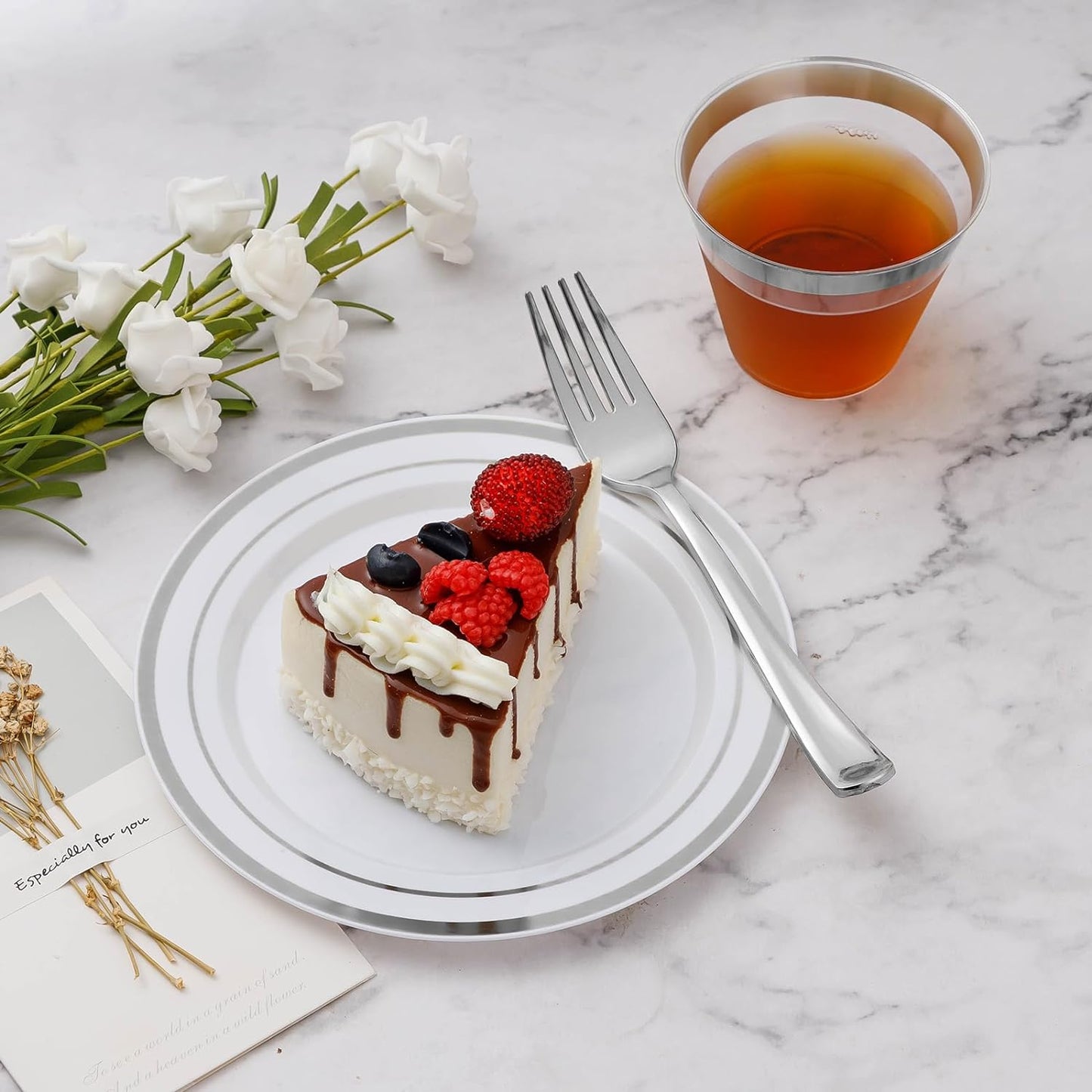 BESTVIP 300PCS Plastic Dinnerware Set (50 Guests), Silver Disposable Plates for Party, Wedding, Christmas, Anniversary, Includes: Dinner Plates, Dessert Plates, Cups, Spoons, Forks and Knives