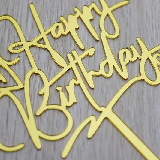 Happy Birthday Cake Topper - Birthday Party Decorations, Mirror Gold Acrylic