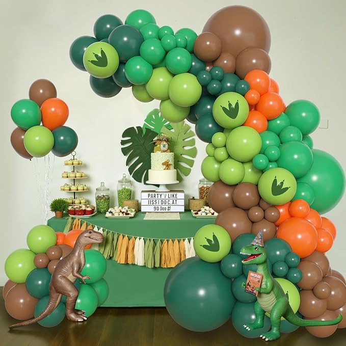 Amandir 153pcs Dinosaur Balloons Arch Garland Kit, Different Sizes 18 12 10 5 inch Dark Green Brown Orange Printed Dino Balloons for Boys Jungle Safari Dinosaur Birthday Party Baby Shower Decorations