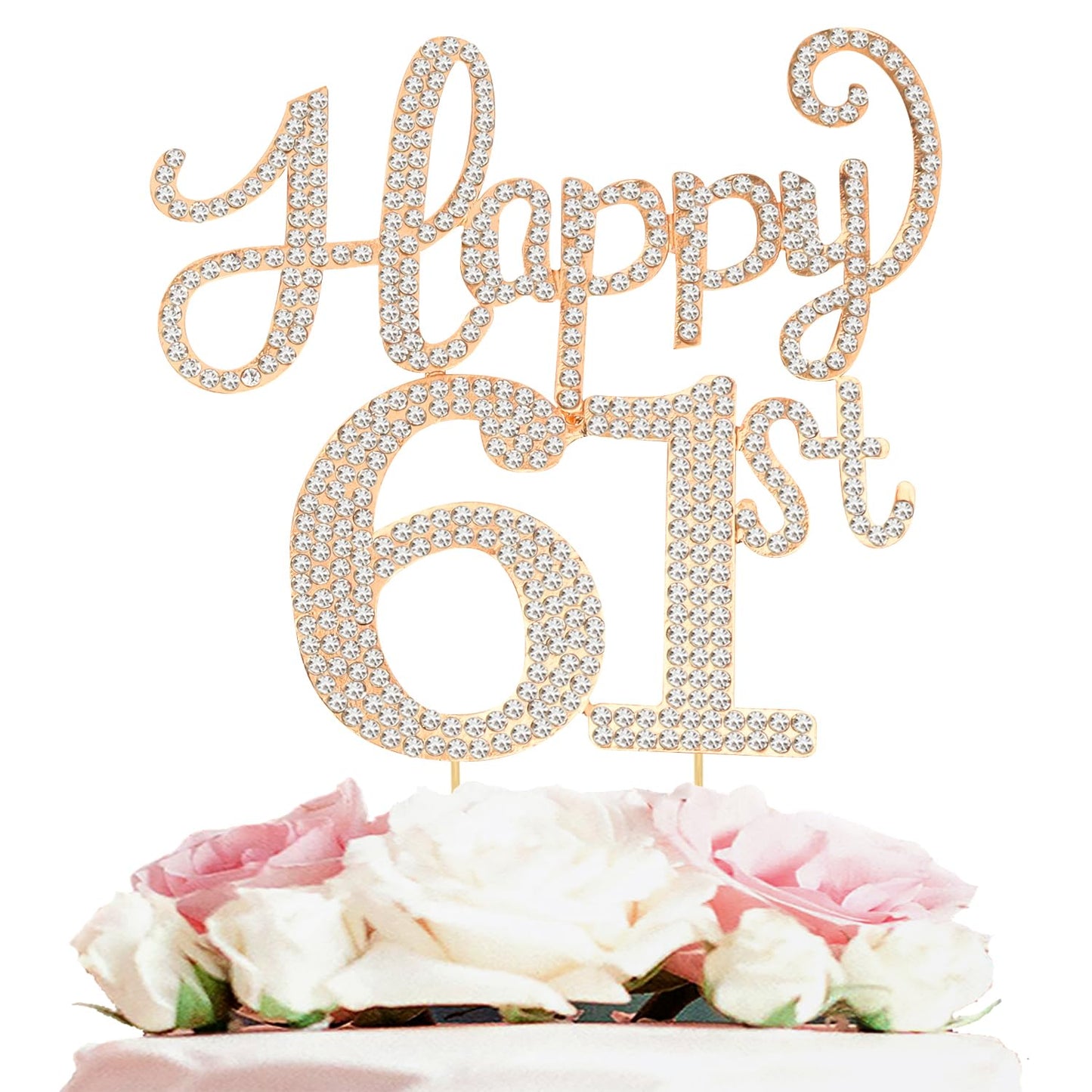 Happy 61st Birthday Decorations,61st Birthday Gold Rhinestone Cake Topper - Cheers to 61 Years Old Bday Party Metal Sparkly Cake Centerpieces Sign.