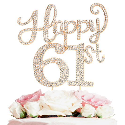 Happy 61st Birthday Decorations,61st Birthday Gold Rhinestone Cake Topper - Cheers to 61 Years Old Bday Party Metal Sparkly Cake Centerpieces Sign.