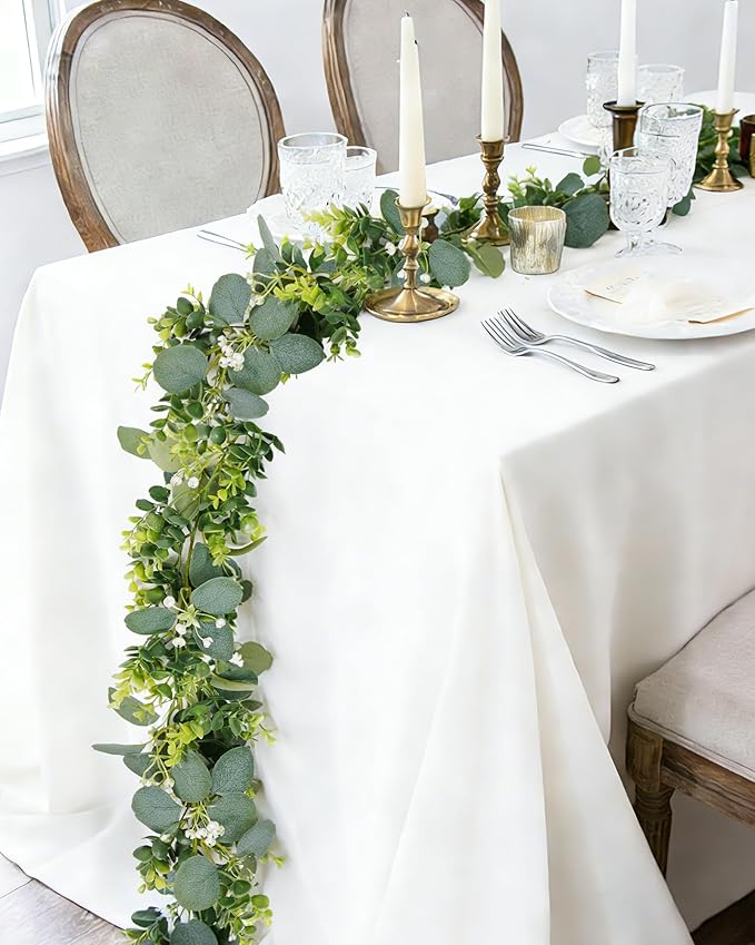 Vlorart 6ft Eucalyptus Garland with Boxwood and White Florals, Mixed Greenery Eucalyptus Garland for Wedding Arch, Backdrop, Table, Mantel and Home Decor