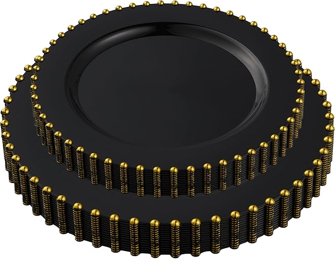 PLASTICPRO 32 Piece Combo Plastic Dinner Plates Disposable Plastic Fancy Heavy Duty Party Dishes 7 inch and 10 inch, Black and Gold Beaded