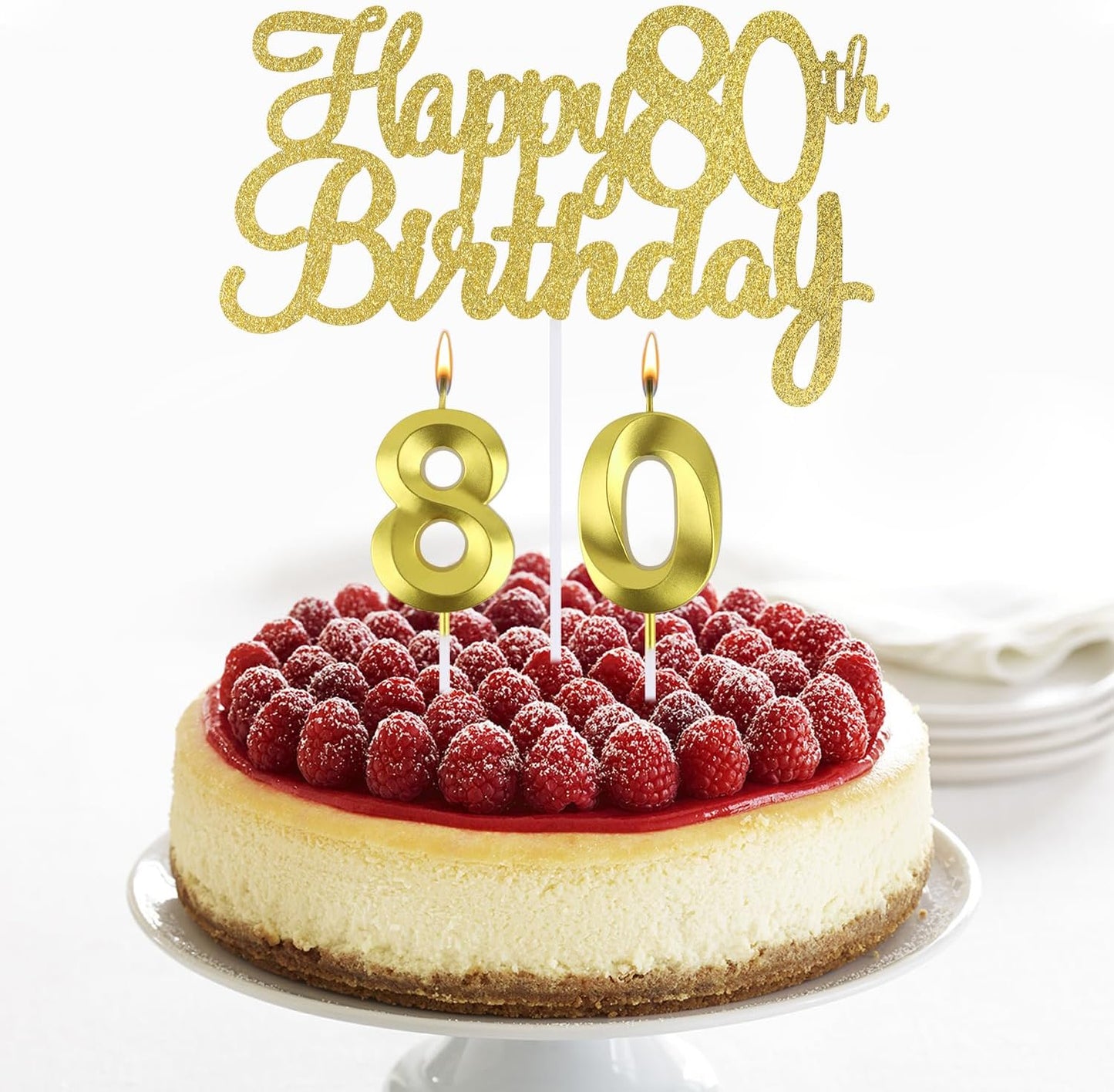 80 th Birthday Candles + Happy 80th Birthday Cake Topper, Number 80 Candles，80 Cake Topper, Happy 80th Birthday Cake Decorations, 80 Birthday Decoration for Women and Men (80)