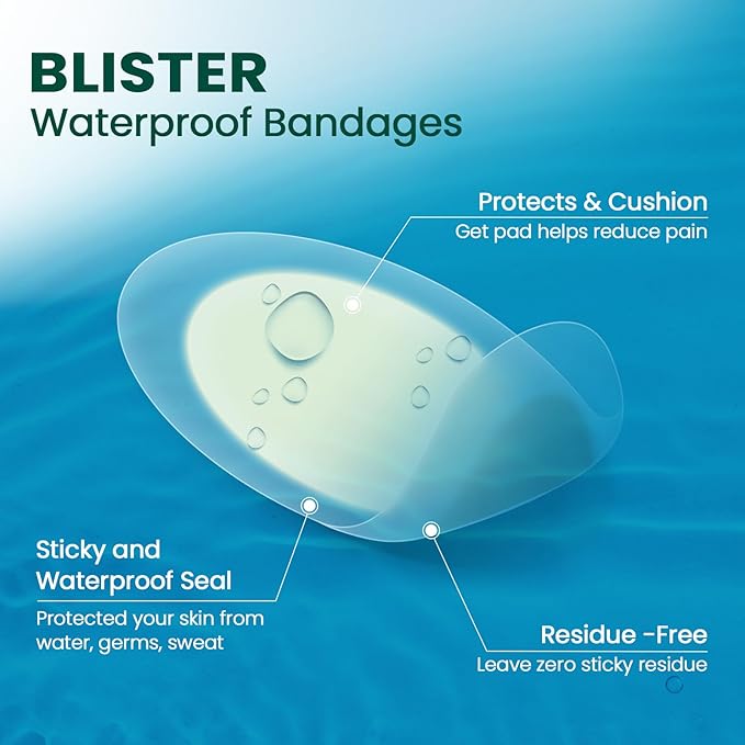 Welnove Gel Blister Bandages for Feet - 21ct Blister Cushion for Heel, Toe - Water-Resistant Hydrocolloid Bandages - Blister Pads for Prevention & Recovery