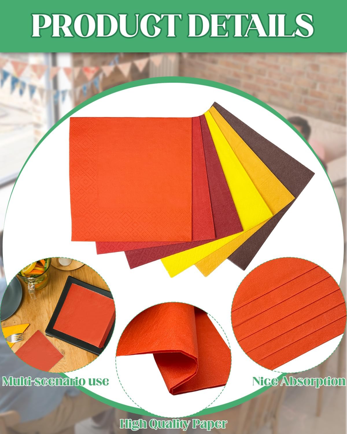 RedYellow Cocktail Napkins 6 colors 5 * 5inch disposable Beverage Napkin paper for Cocktail, Wedding, Dinner，Brithday Party Dessert Wine Paper Napkins（ 120 Count）