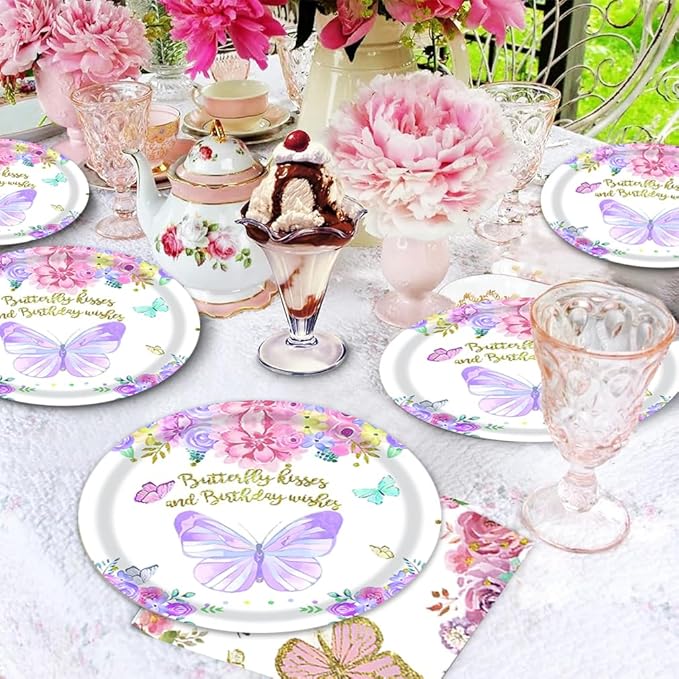 40pcs Butterfly Birthday Decorations Butterfly Tableware Paper Plates and Napkins for Girls Birthday Party Baby Shower