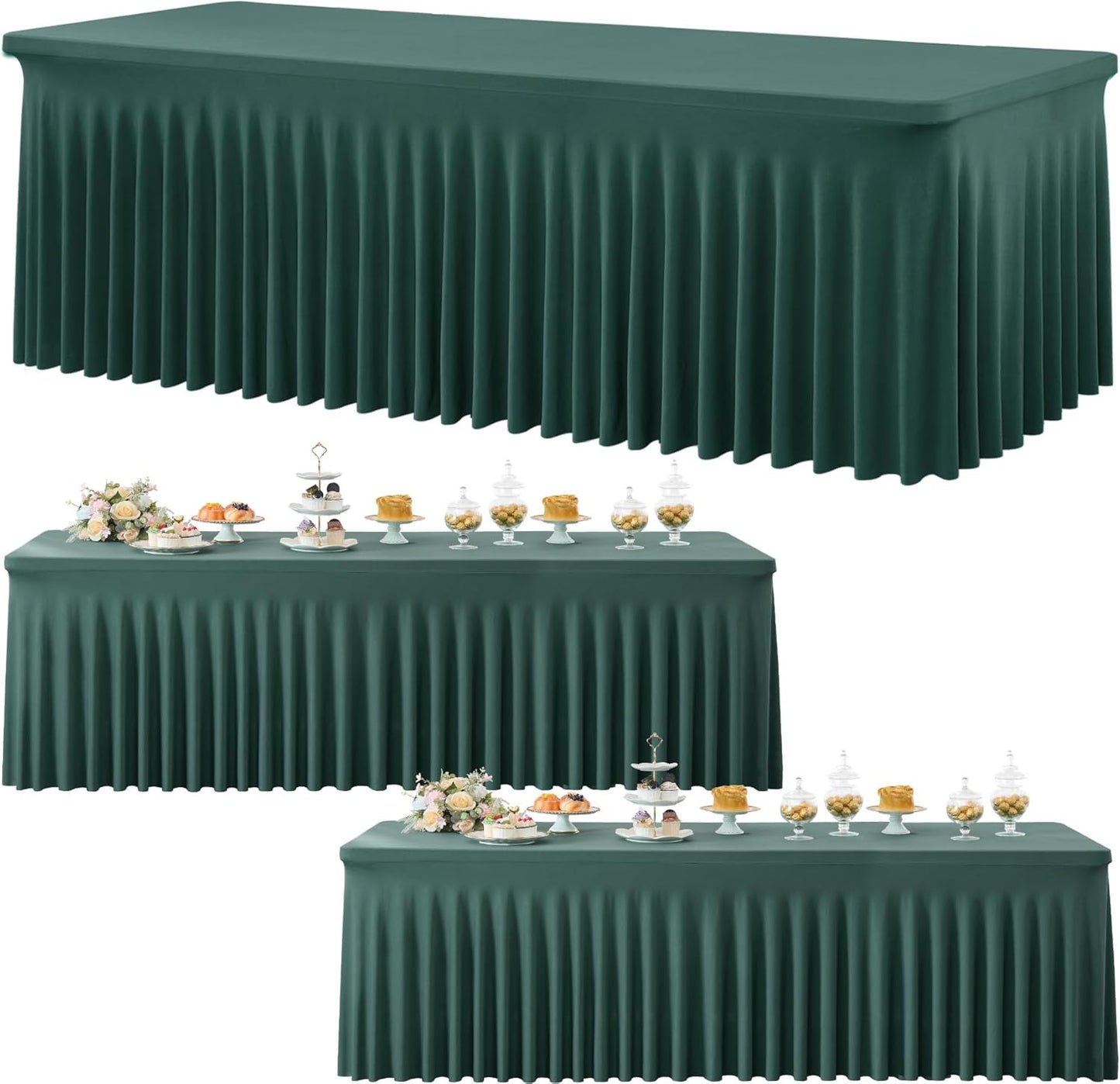 3 Pack Hunter Green Spandex Tablecloth for 8 Foot Rectangle Tables, Wrinkle Free Fitted Table Cloth Cover 8ft Green Stretchy Tablecloths with Skirt for Parties Weddings Birthday Banquet Baby Shower