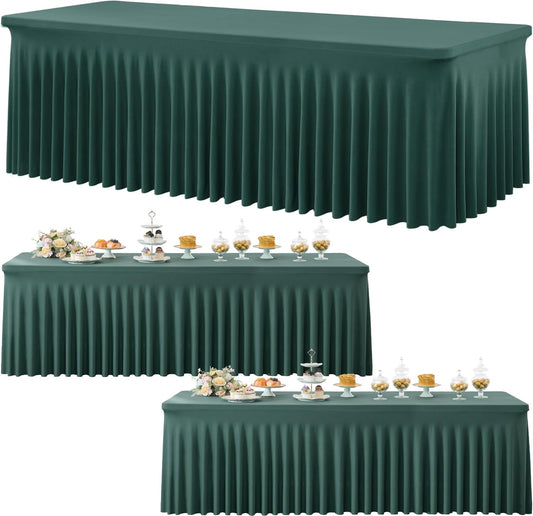 3 Pack Hunter Green Spandex Tablecloth for 8 Foot Rectangle Tables, Wrinkle Free Fitted Table Cloth Cover 8ft Green Stretchy Tablecloths with Skirt for Parties Weddings Birthday Banquet Baby Shower